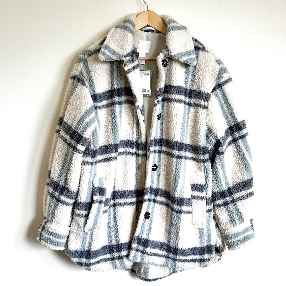 H&M Women Shearling Shirt Jacket Size Small Plaid Cream Oversize Sherpa Shacket